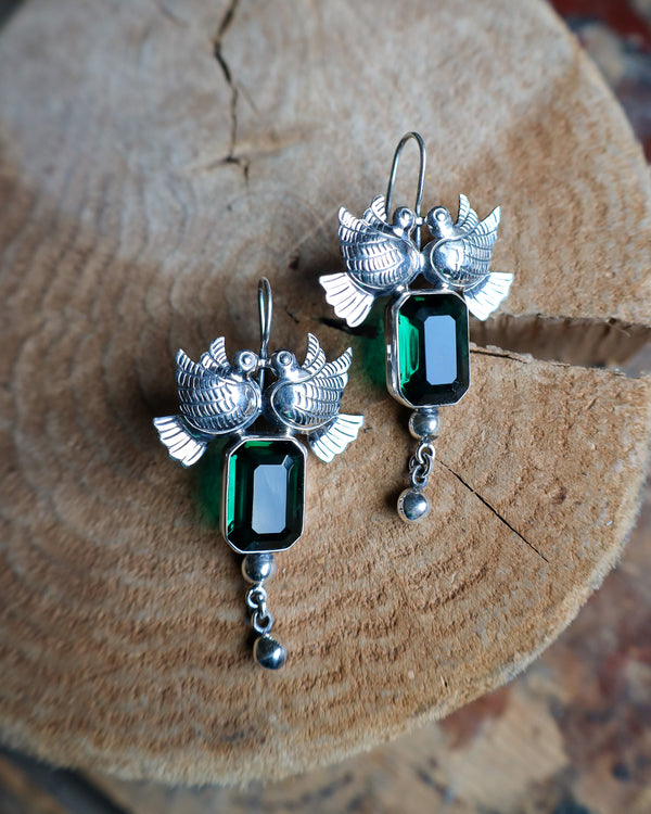 Federico Silver Birds Dark Green Glass Earring