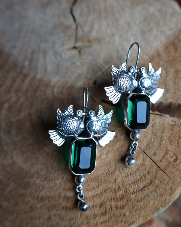 Federico Silver Birds Dark Green Glass Earring