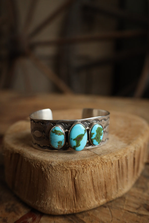 3 Turquoise Ovals Stamped Band Cuff 