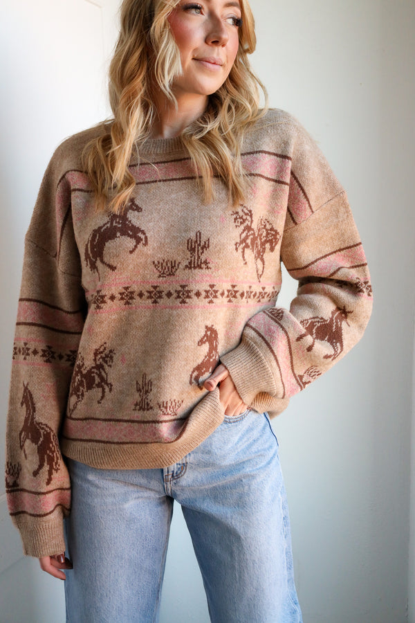 Very Jean Horses Sweater- Taupe