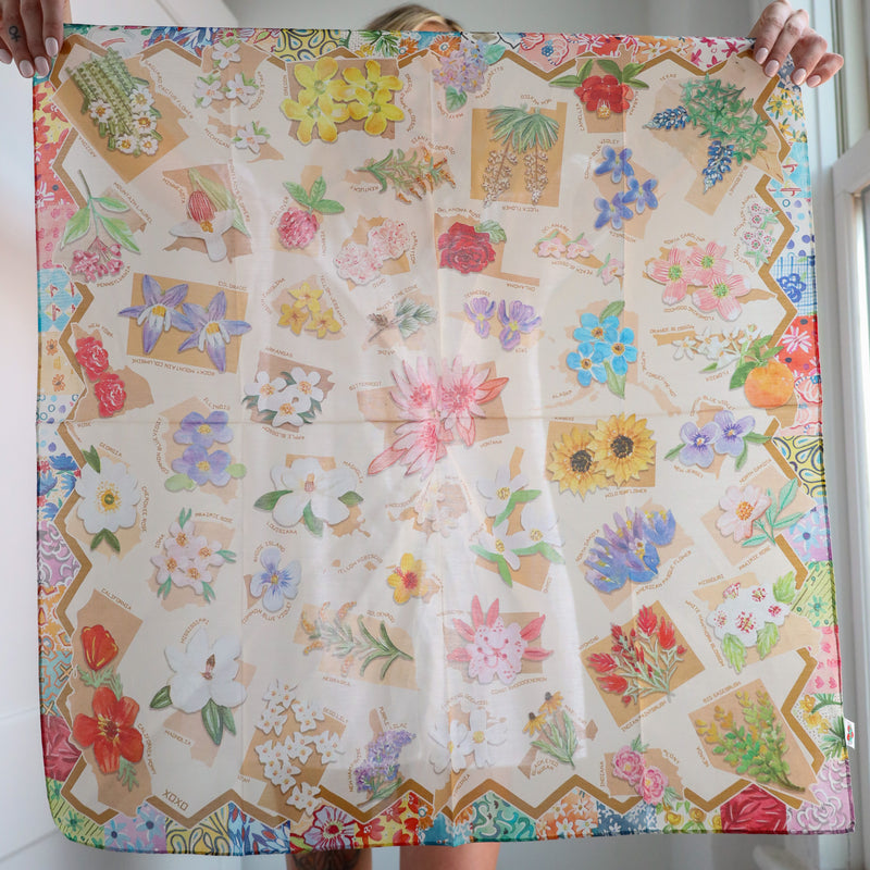Person holding a large sheet of paper with floral and card designs.