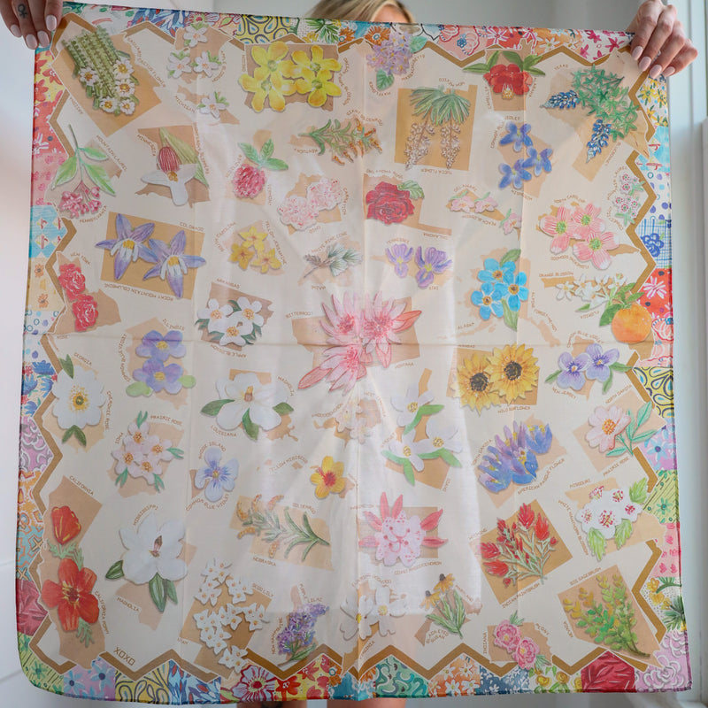 Floral patterned fabric held by a person