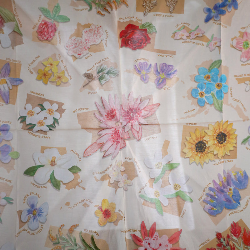 Floral patterned fabric with colorful flowers and text on a beige background