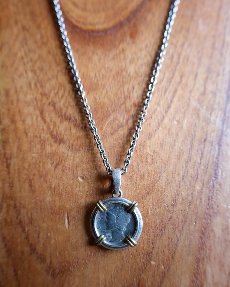 John Varvatos 24" Mercury Dime 18MM Sterling Silver and Brass Necklace 