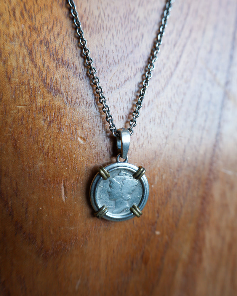 John Varvatos 24" Mercury Dime 18MM Sterling Silver and Brass Necklace 