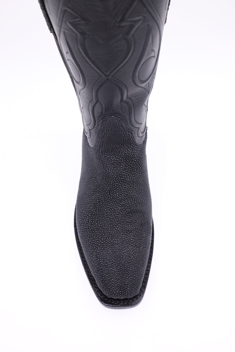 Black leather shaft cowboy boot with stingray vamp and pulltabs