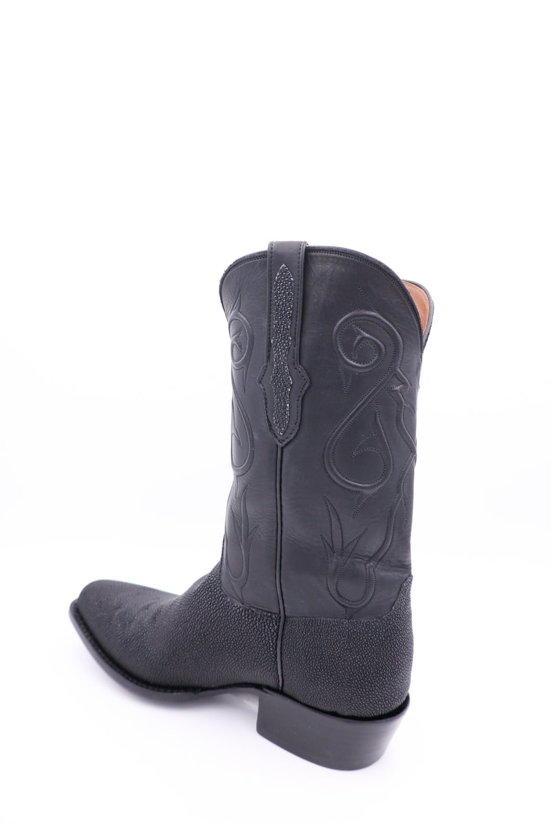 Black leather shaft cowboy boot with stingray vamp and pulltabs