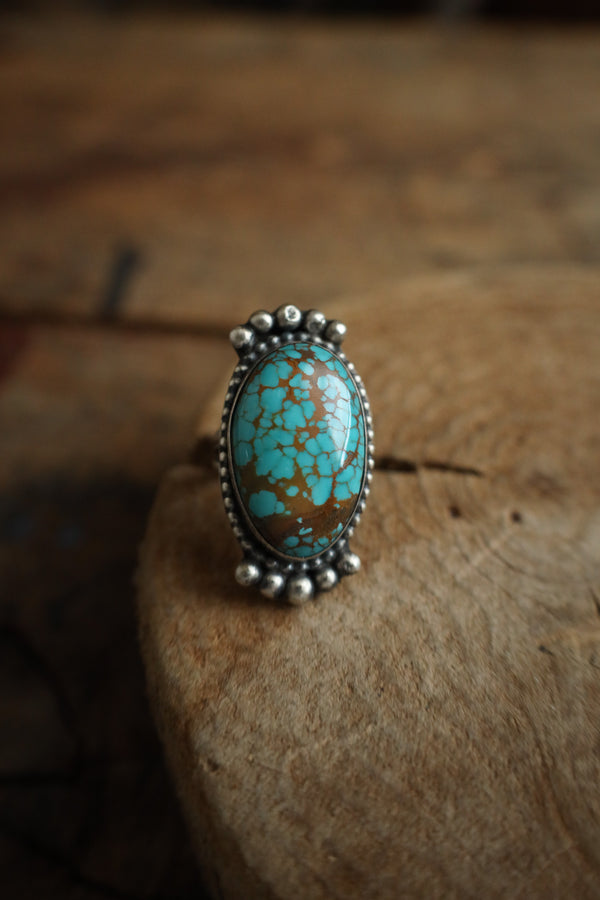 Turquoise Oval Sterling Silver Dots Ring- Adjustable 