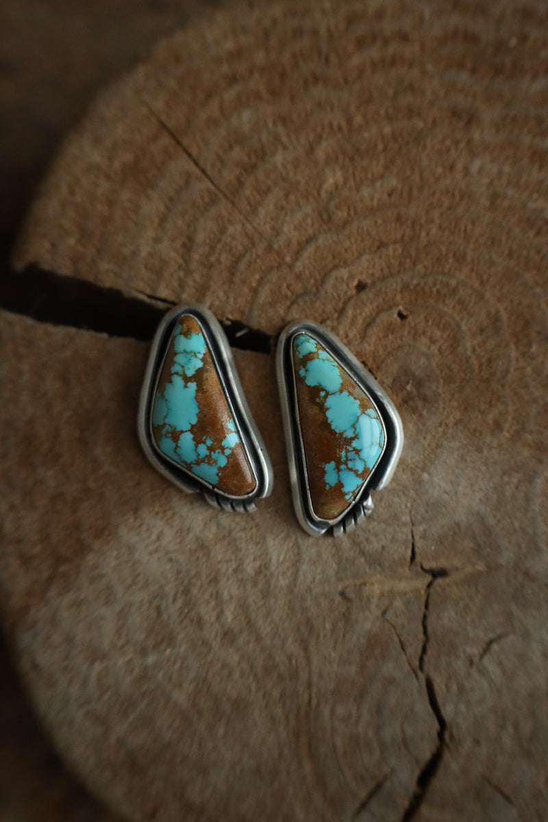 Turquoise stone earrings on a wooden surface