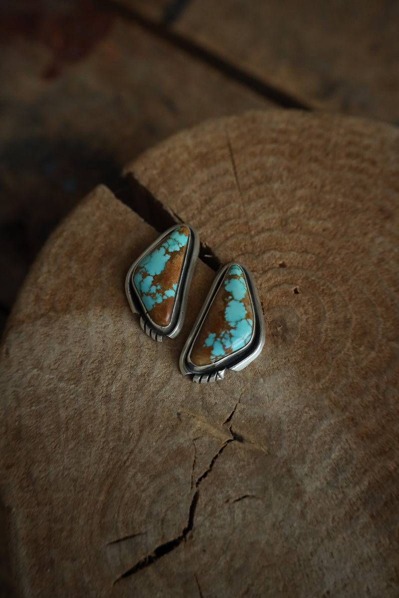 Turquoise stone earrings on a wooden surface