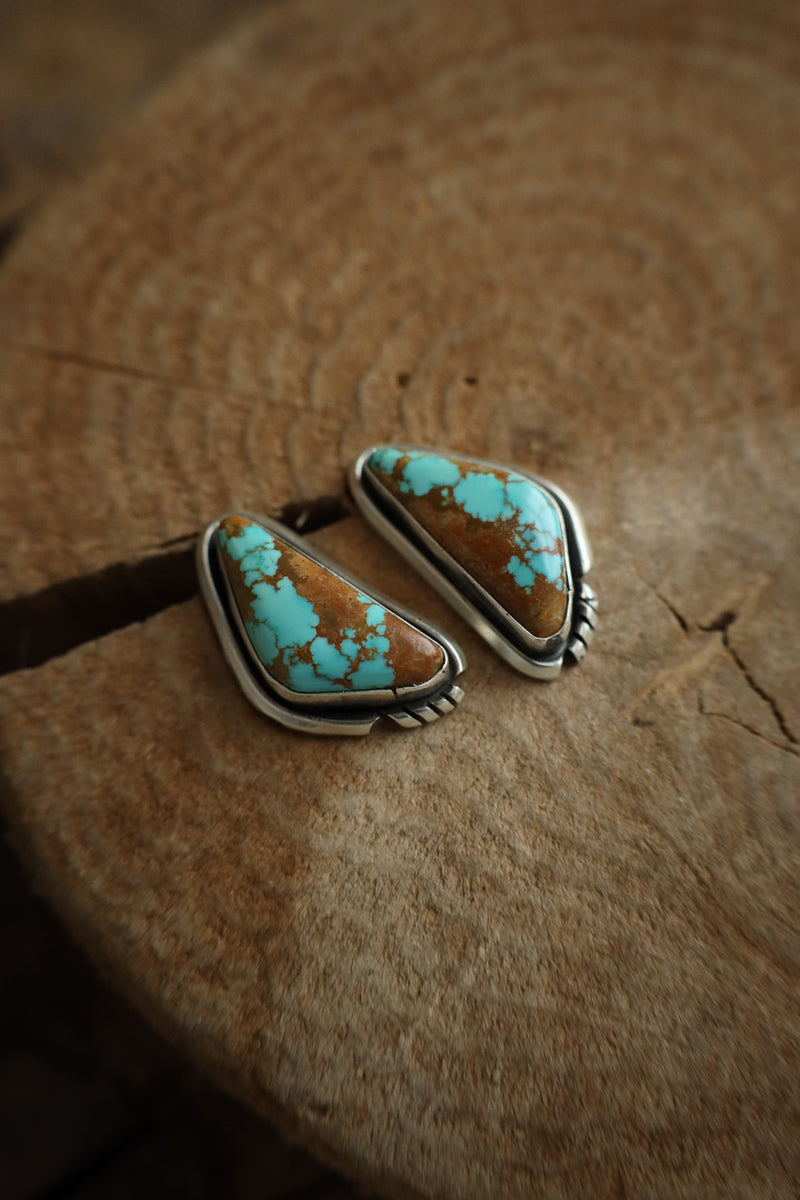 Turquoise stone earrings on a wooden surface