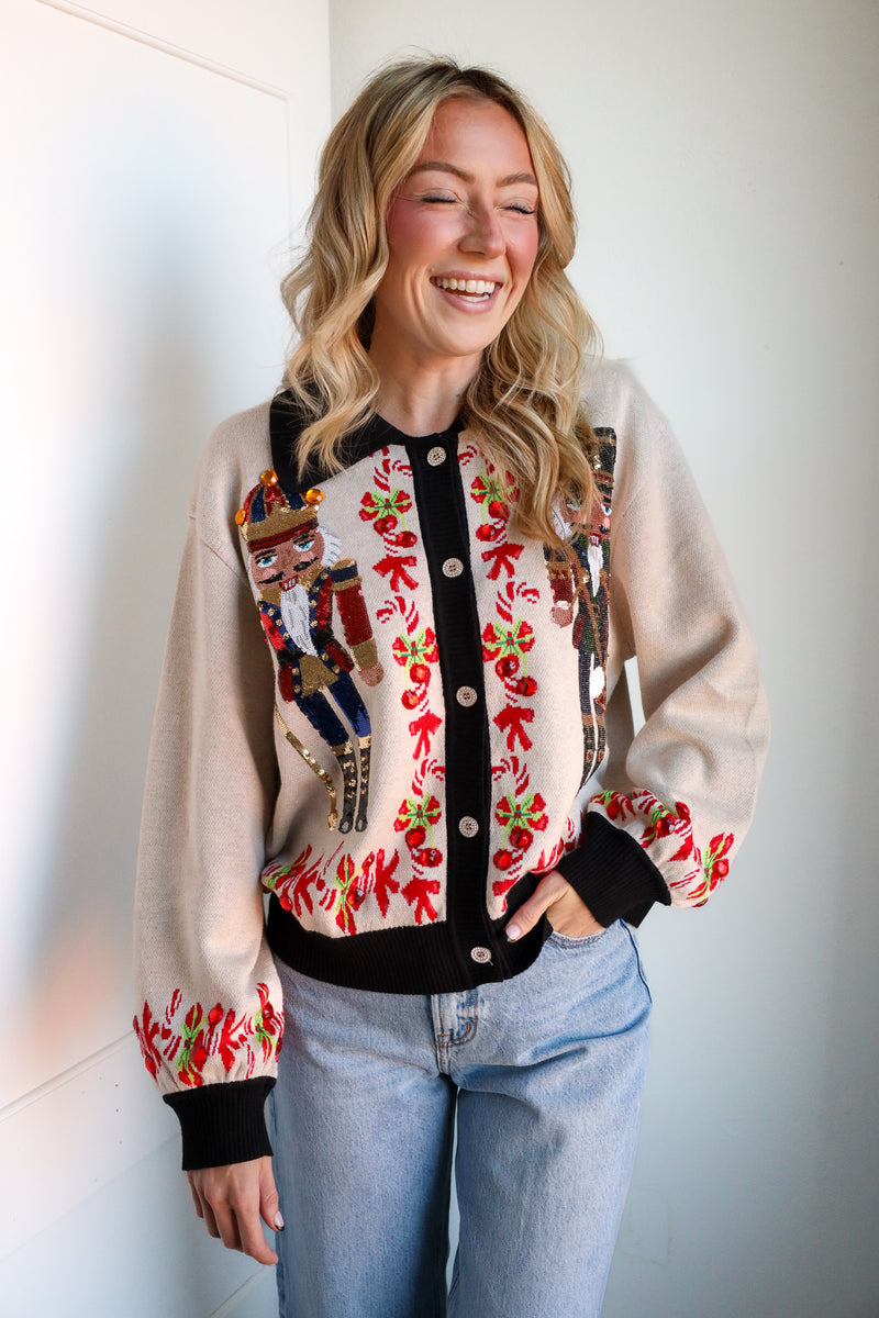 Queen Of Sparkles Black Trim Collar Nutcracker & Candy Cane Button Up Cardigan