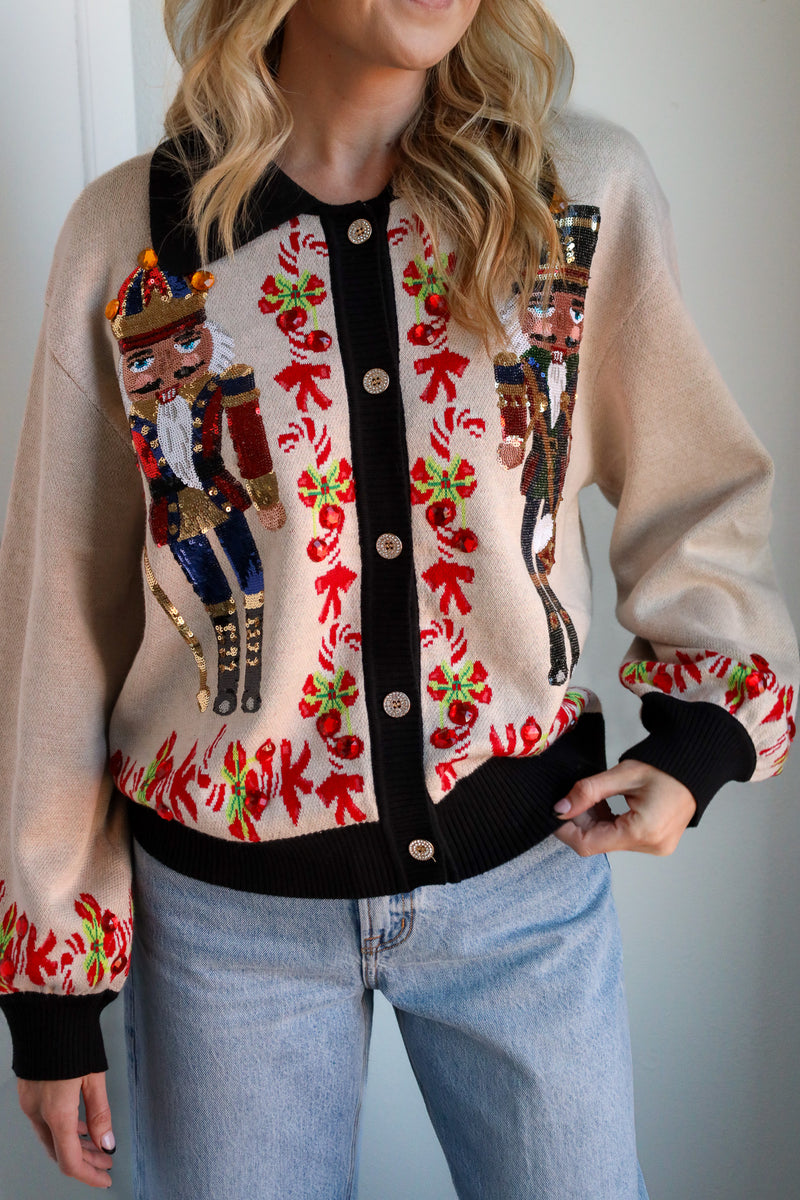 Queen Of Sparkles Black Trim Collar Nutcracker & Candy Cane Button Up Cardigan