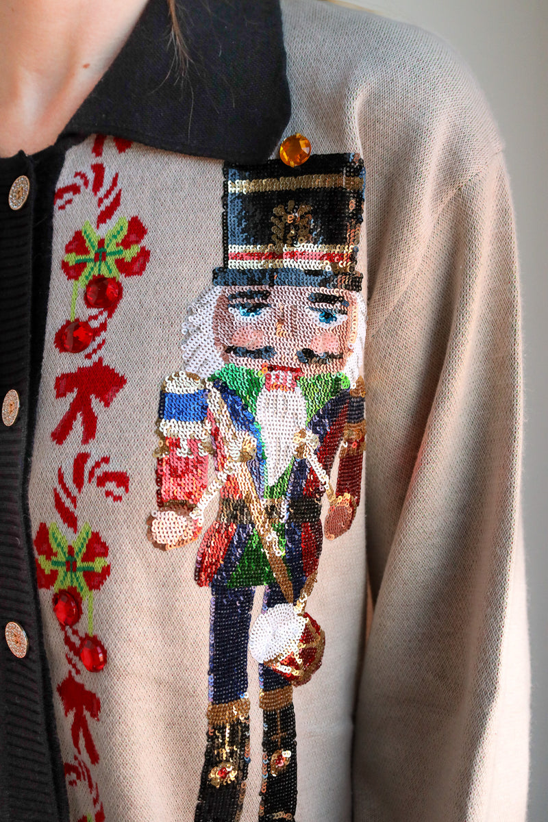 Queen Of Sparkles Black Trim Collar Nutcracker & Candy Cane Button Up Cardigan