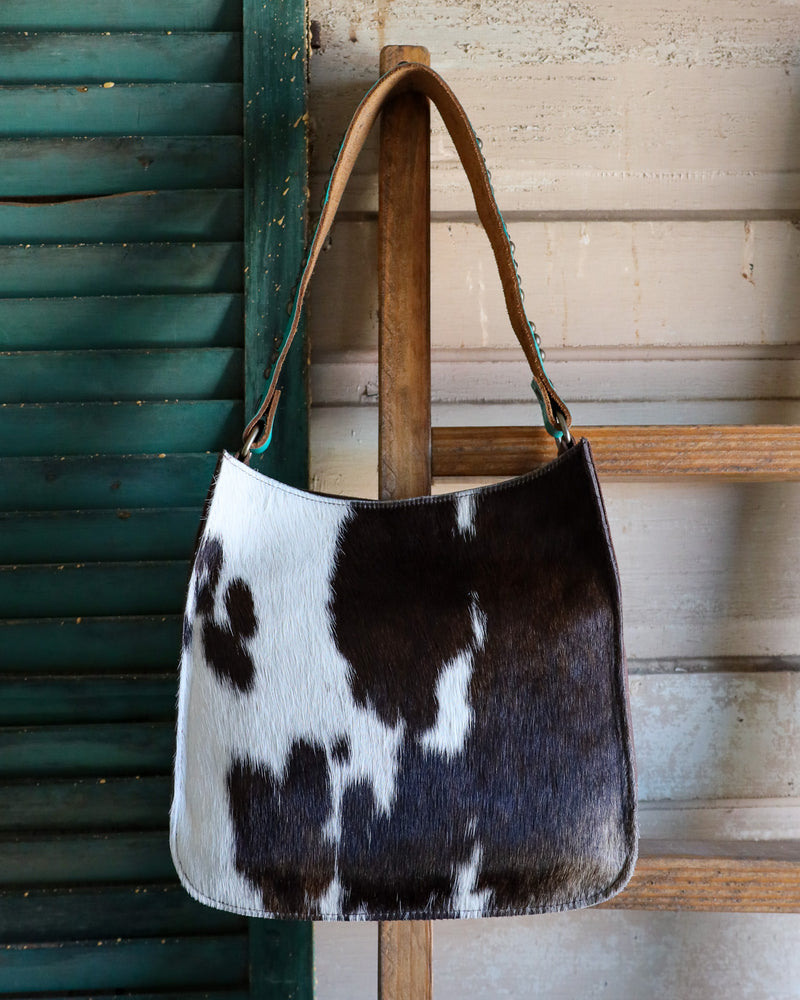 Two Bar West Brown and White Hair On Hide Wyoming Large Turquoise Strap Handbag