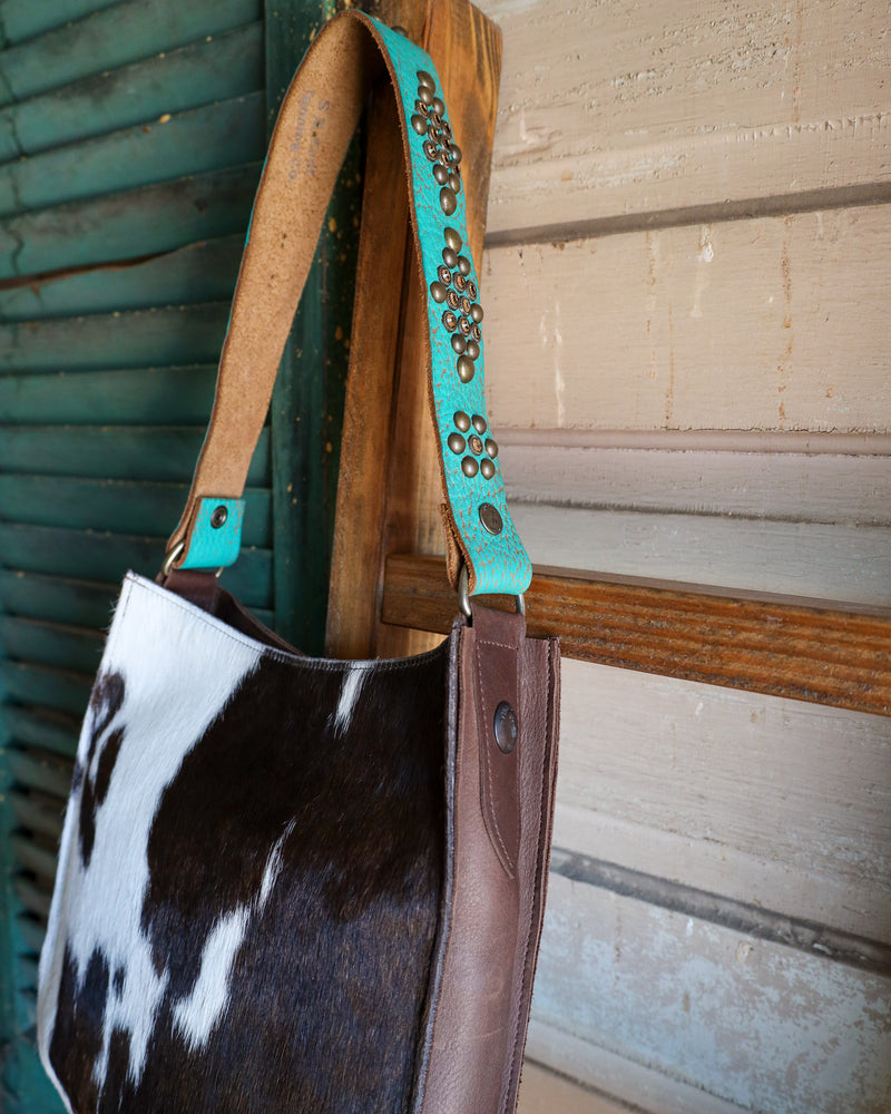 Two Bar West Brown and White Hair On Hide Wyoming Large Turquoise Strap Handbag