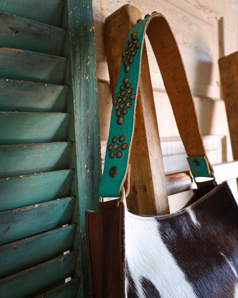 Two Bar West Brown and White Hair On Hide Wyoming Large Turquoise Strap Handbag