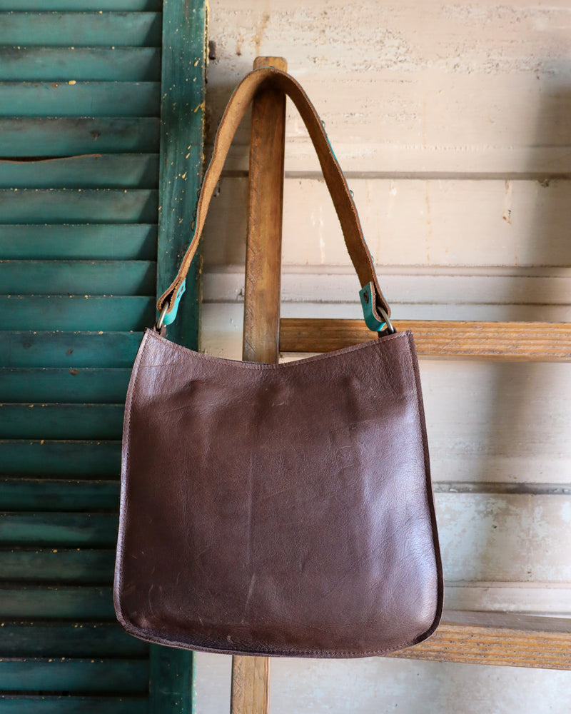 Two Bar West Brown and White Hair On Hide Wyoming Large Turquoise Strap Handbag