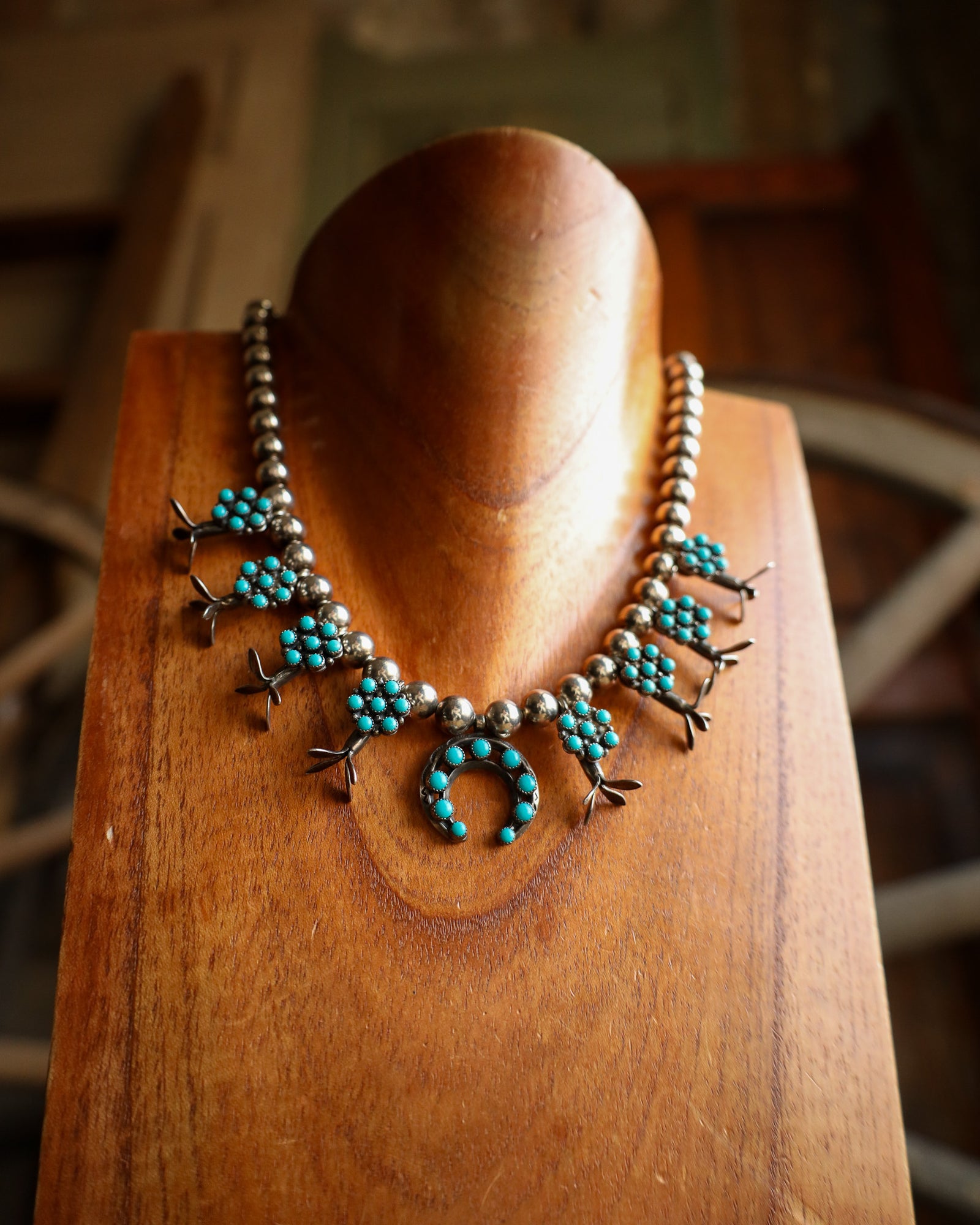 Peyote Bird Turquoise Dots Flowers Naja Squash Blossom Necklace