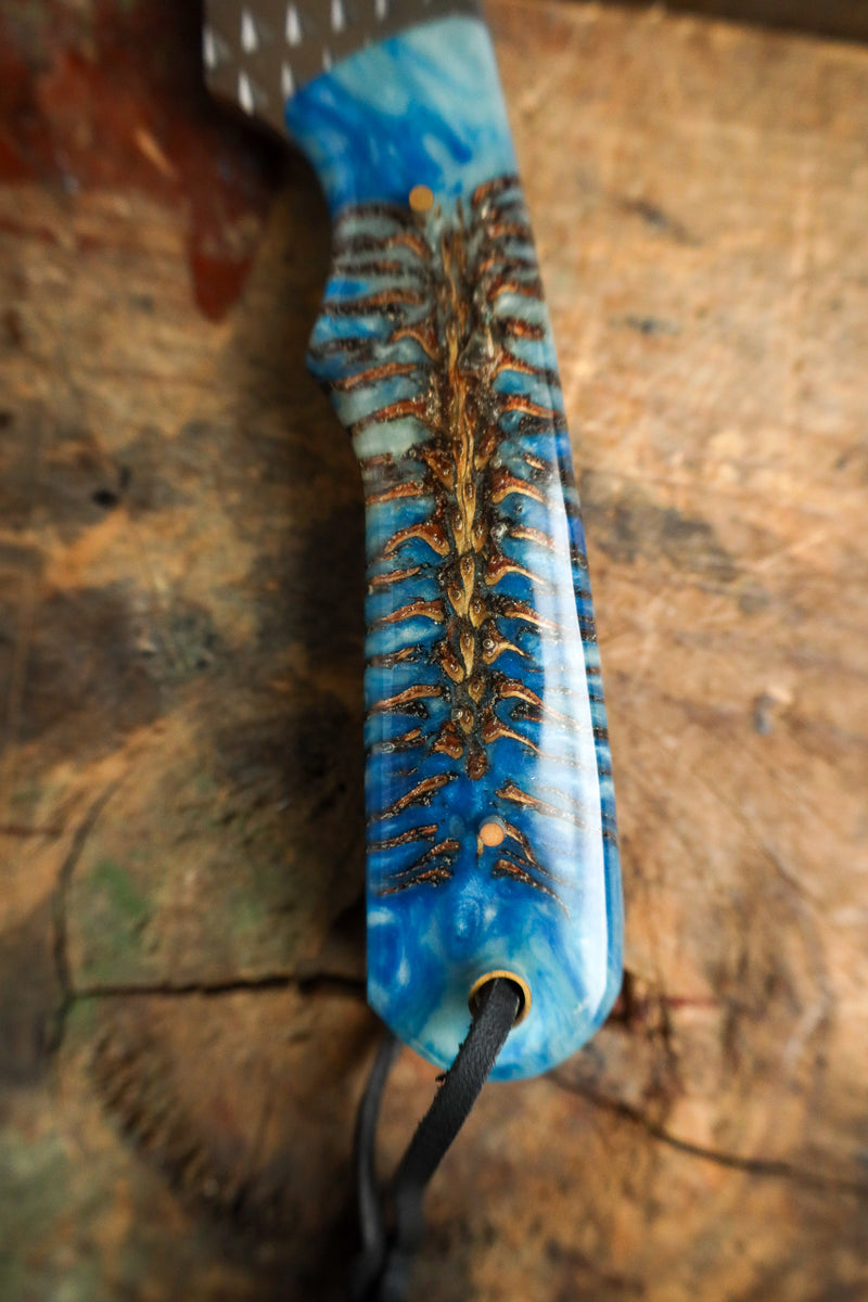 Blue-handled brush with bristles on a wooden surface