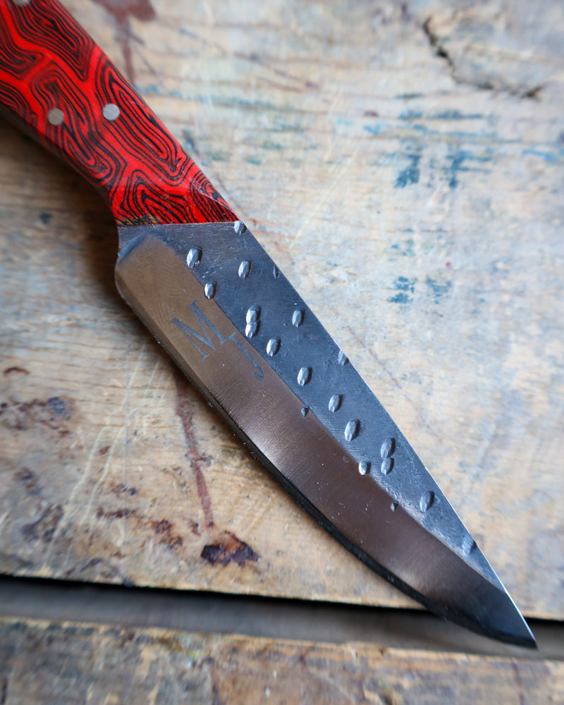 EXOTIC TEXAS KNIVES RED RESIN FIBER SWIRL KNIFE