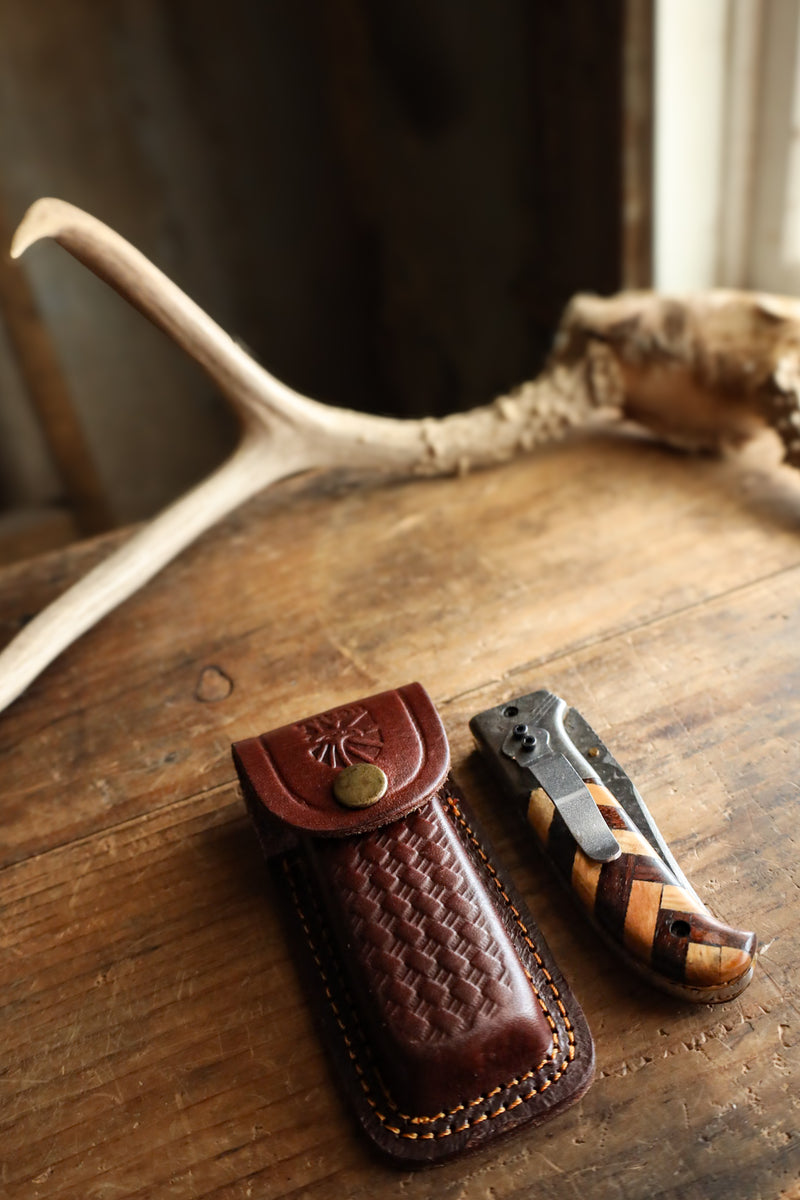 TITAN INTERNATIONAL RAINDROP DAMASCUS FOLDING BLADE/ EDC/ CHECKERED (WALNUT & OLIVE)