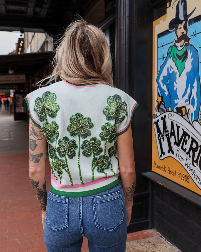 Queen Of Sparkles Beaded Shamrock Stripe Top 