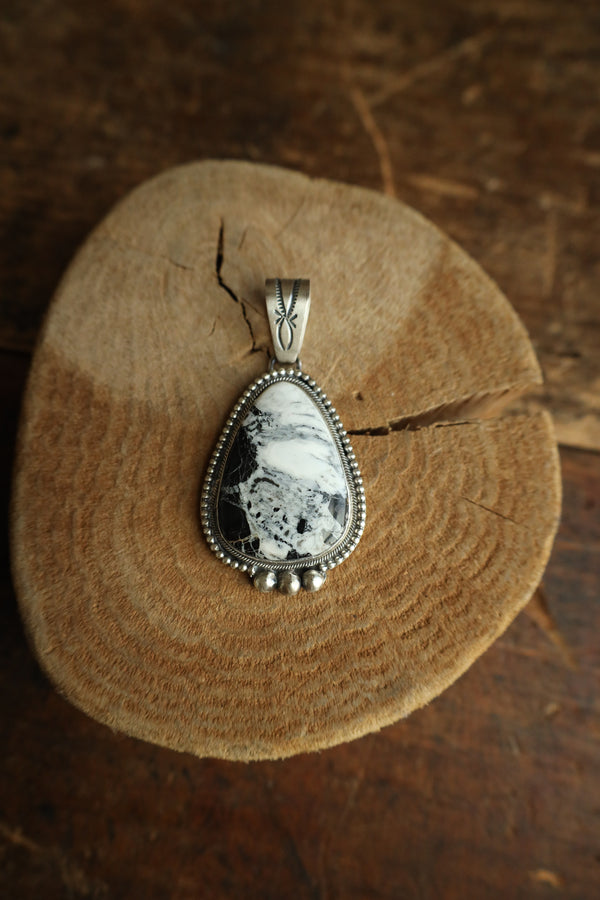Large White Buffalo Pear Sterling Silver Dots Pendant