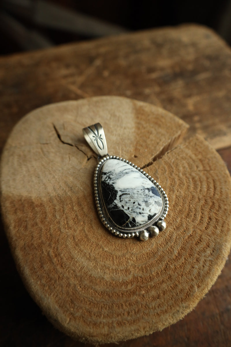Large White Buffalo Pear Sterling Silver Dots Pendant