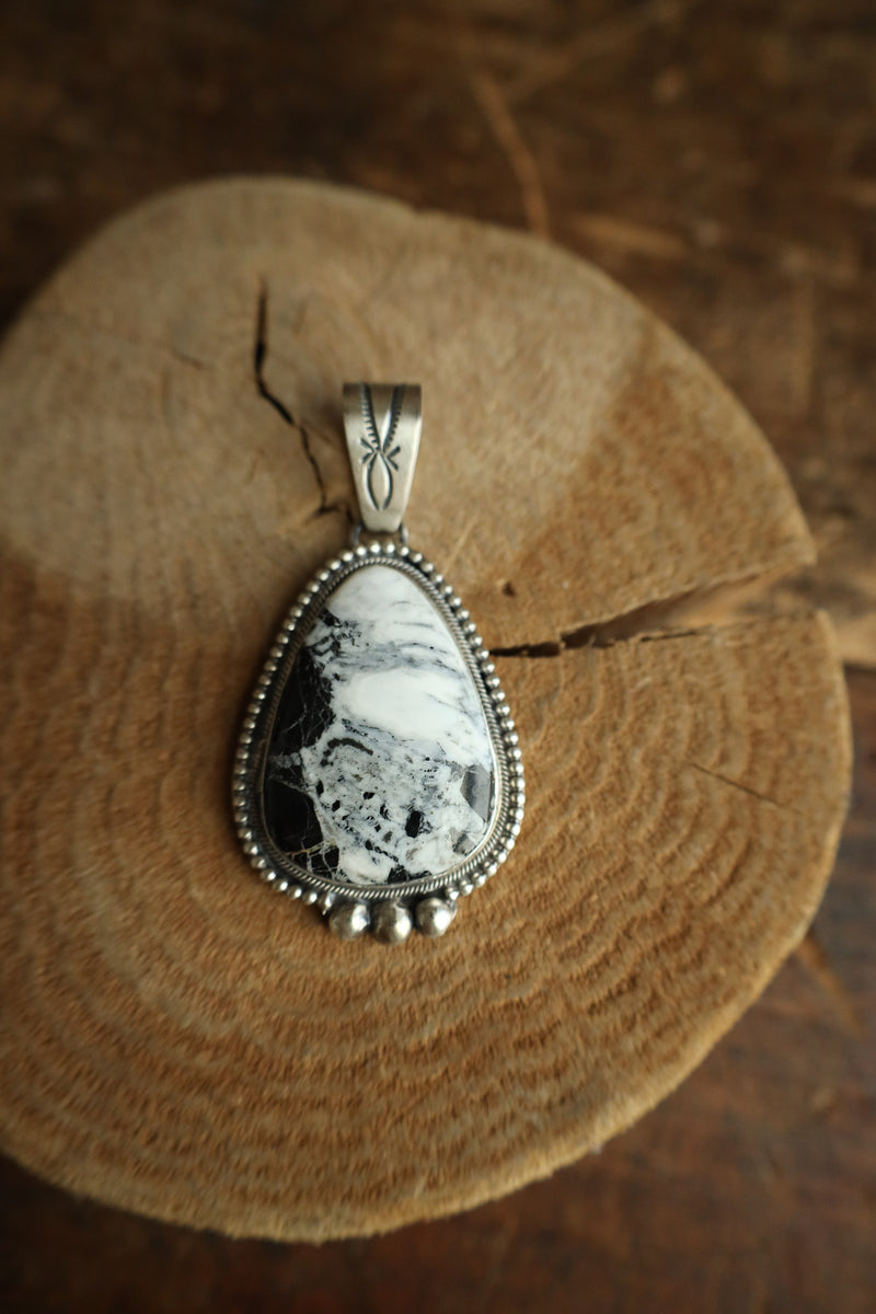 Large White Buffalo Pear Sterling Silver Dots Pendant