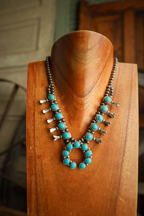 Round Turquoise Naja Squash Blossom Necklace