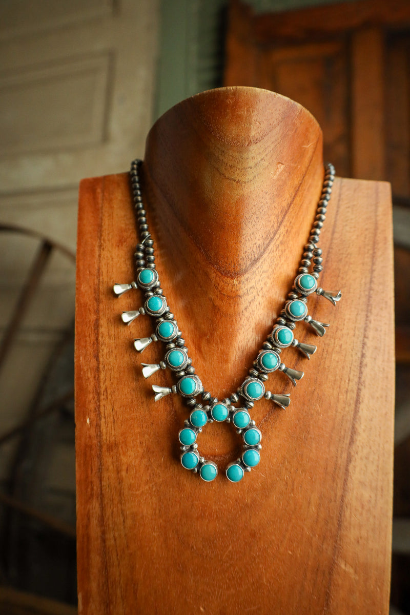 Round Turquoise Naja Squash Blossom Necklace