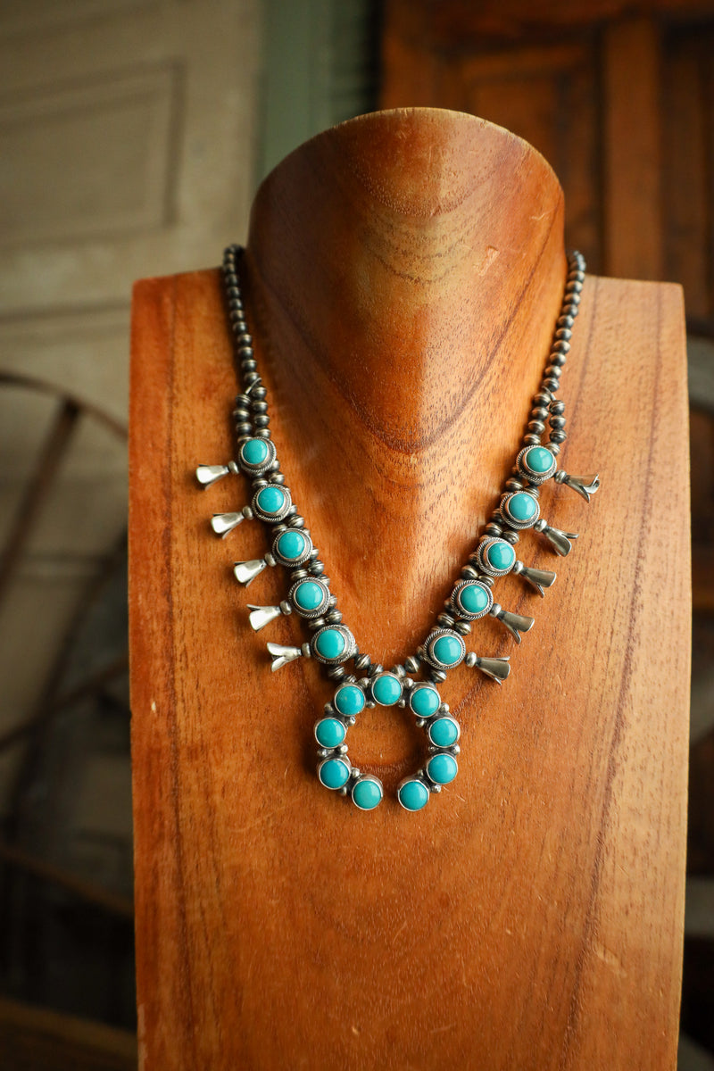 Round Turquoise Naja Squash Blossom Necklace