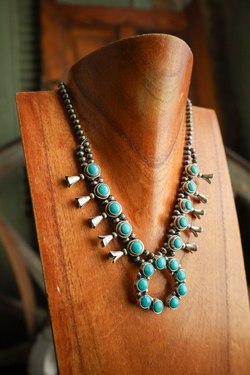 Round Turquoise Naja Squash Blossom Necklace