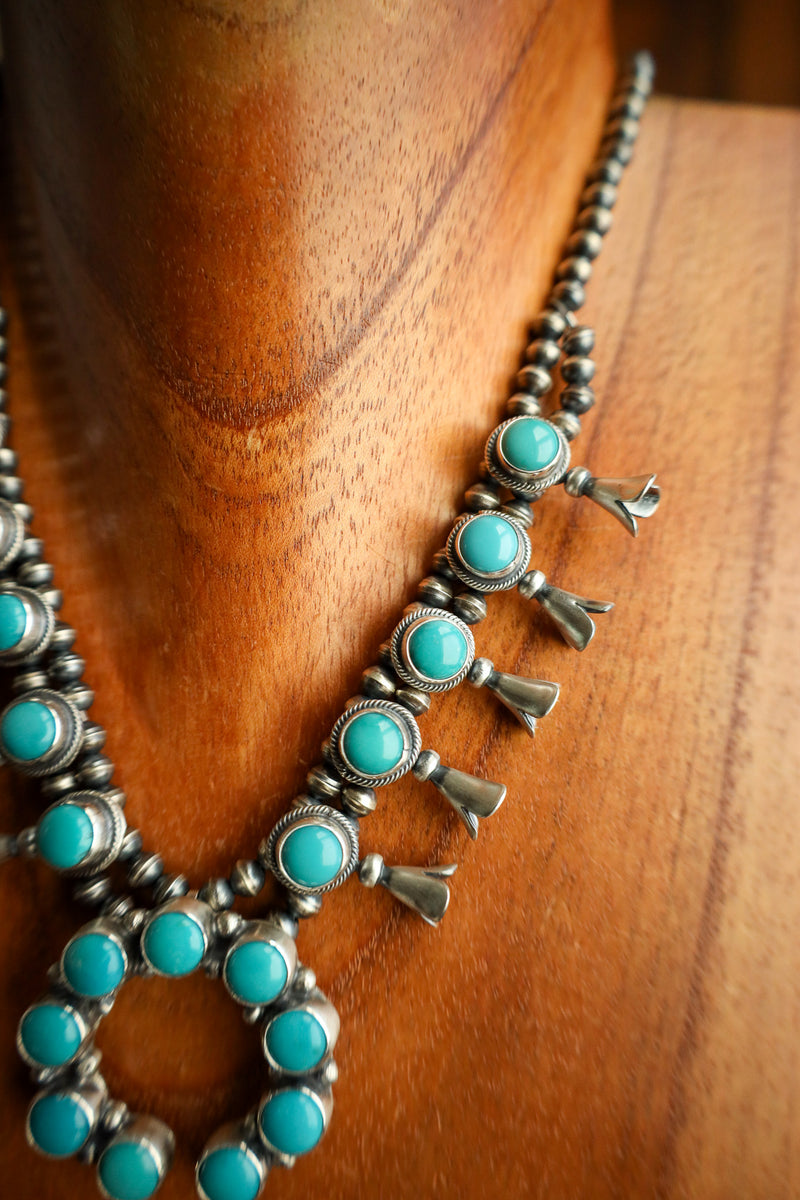 Round Turquoise Naja Squash Blossom Necklace