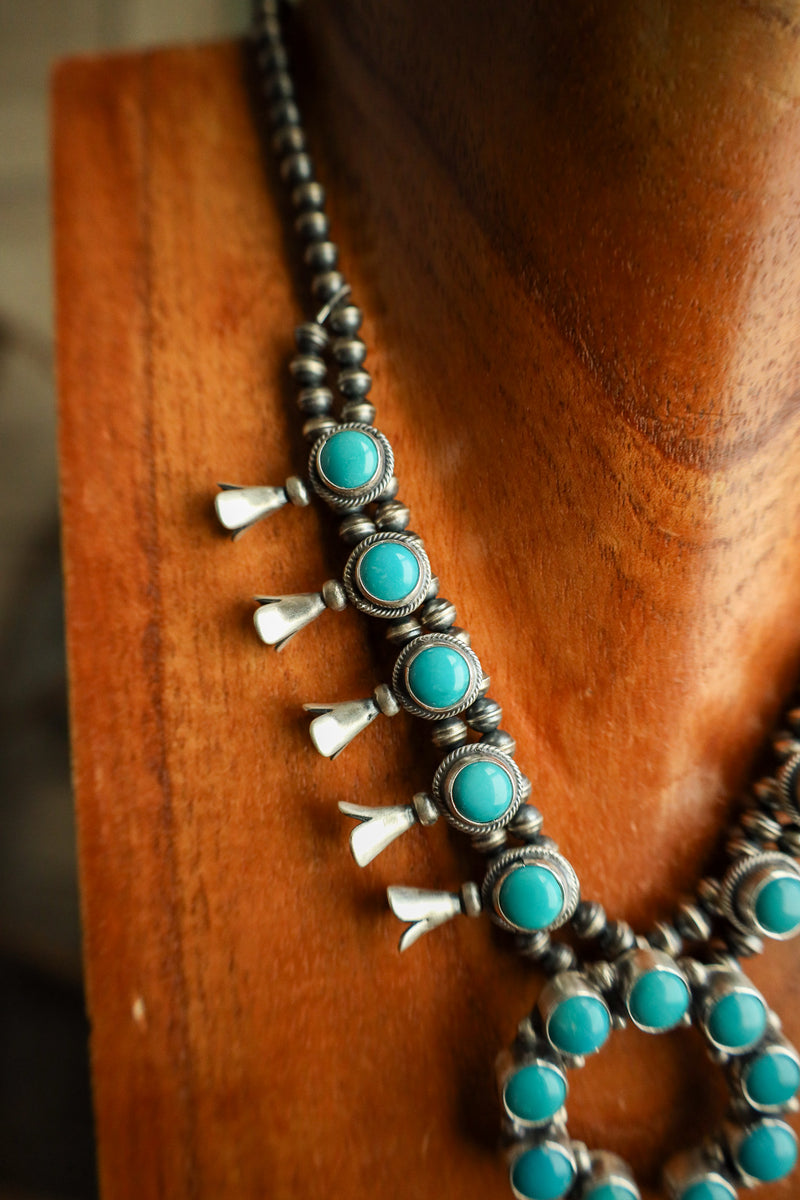 Round Turquoise Naja Squash Blossom Necklace