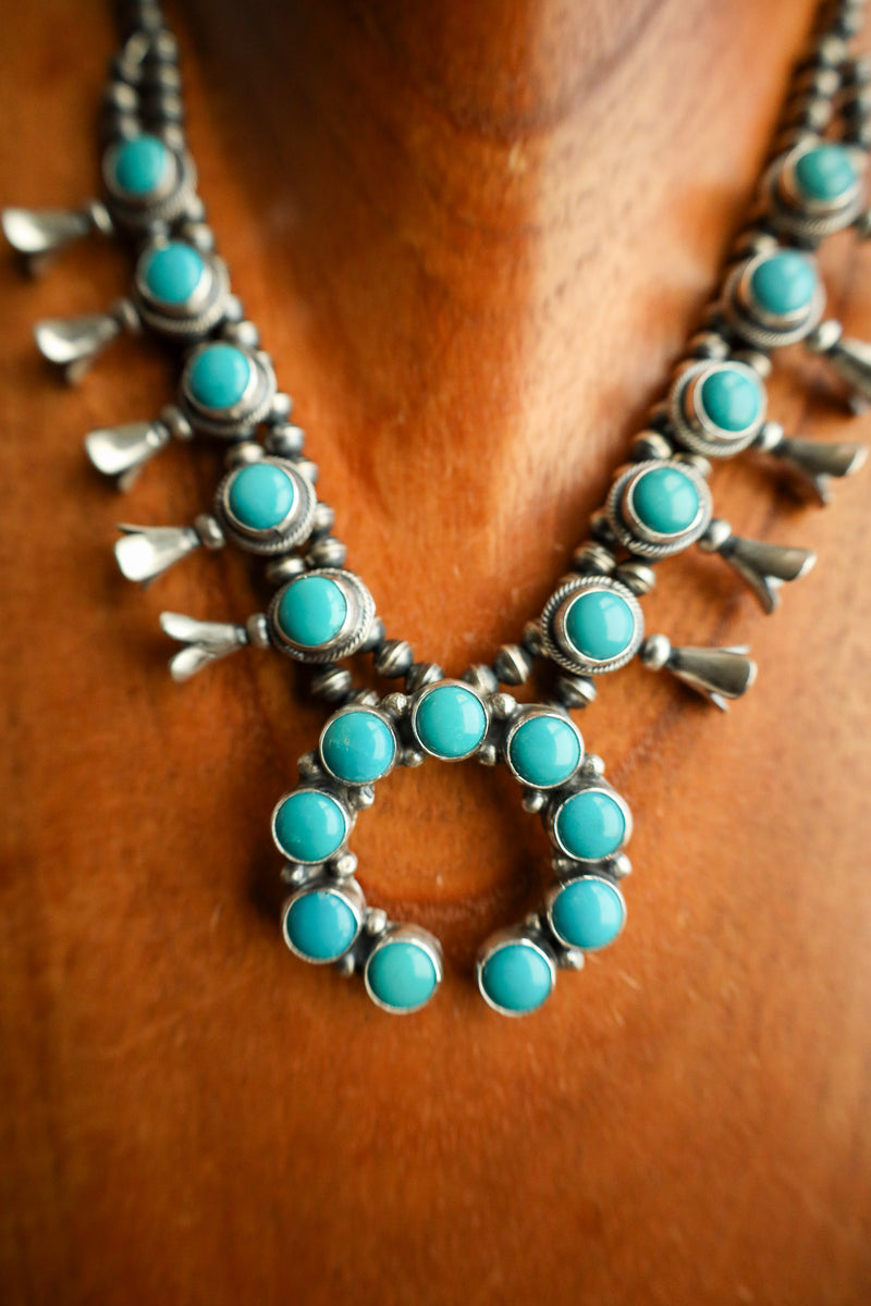 Round Turquoise Naja Squash Blossom Necklace