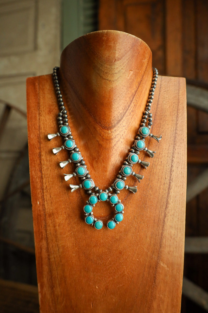 Round Turquoise Naja Squash Blossom Necklace