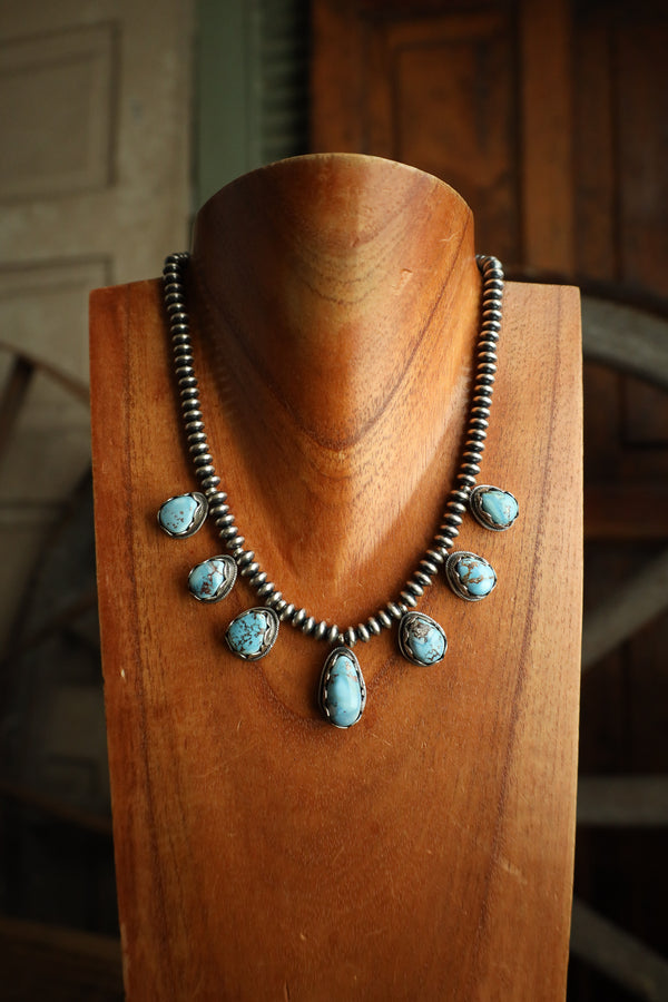 7 Blue And Brown Turquoise Navajo Pearl Saucers Necklace