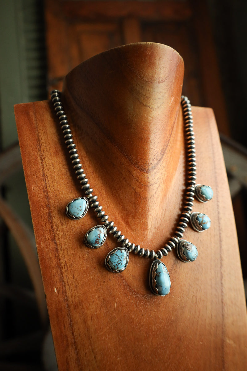 7 Blue And Brown Turquoise Navajo Pearl Saucers Necklace