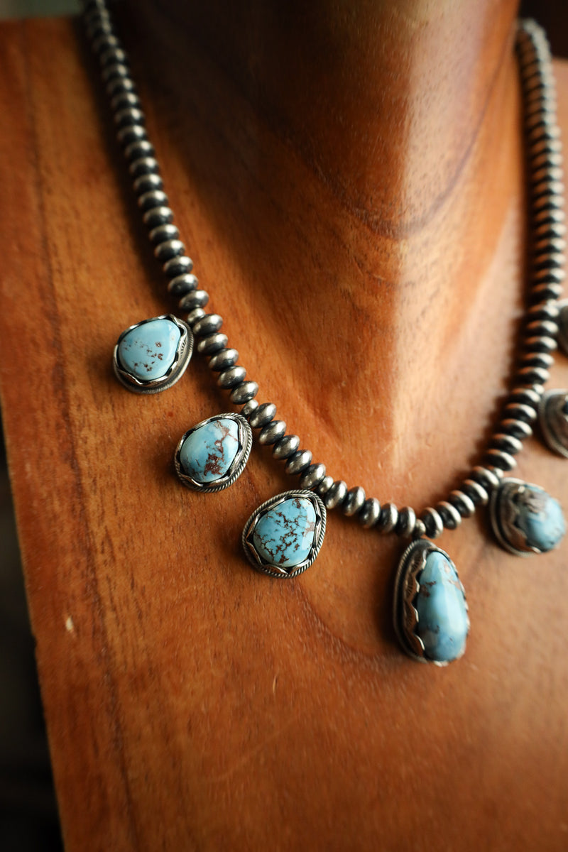 7 Blue And Brown Turquoise Navajo Pearl Saucers Necklace
