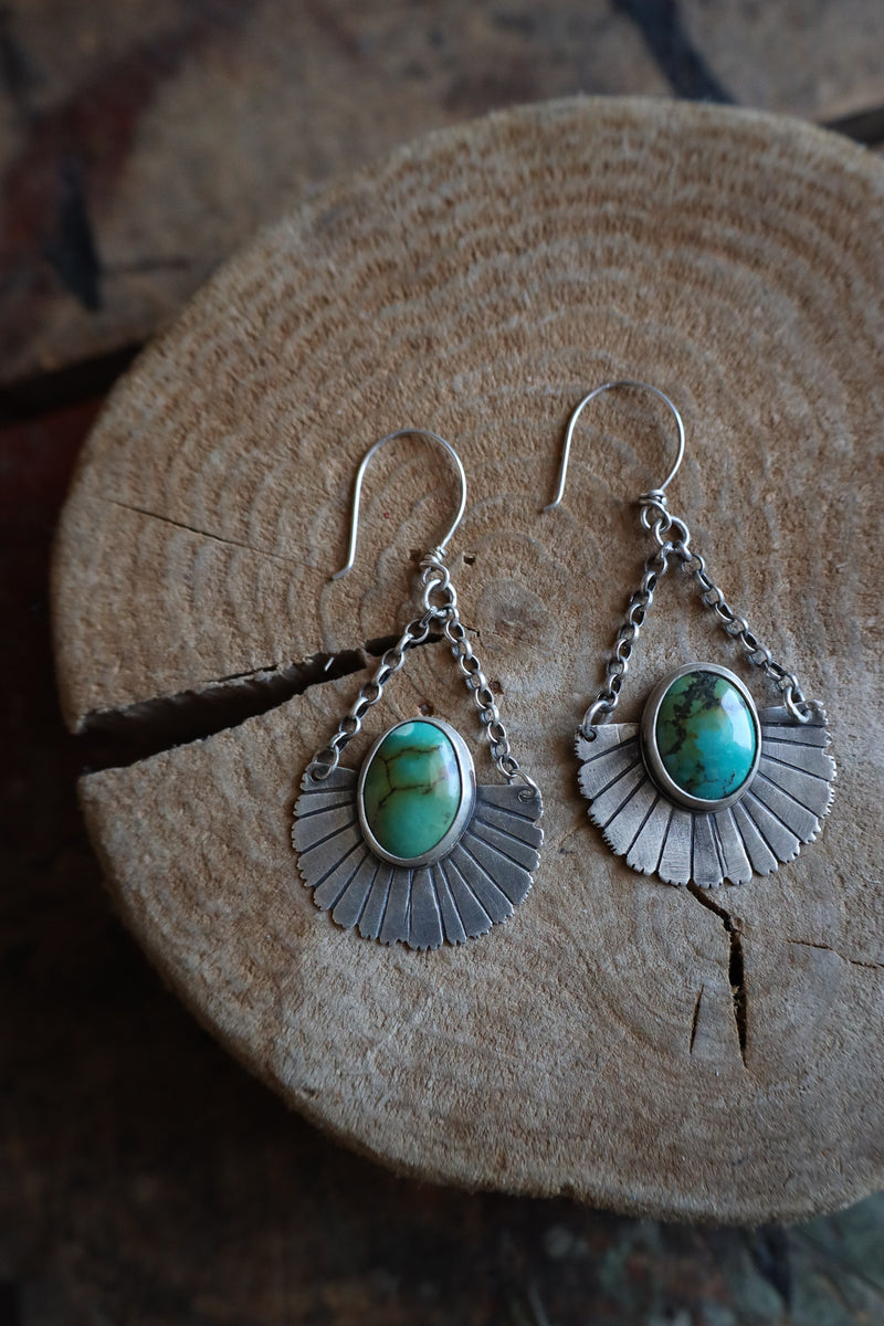 Silver earrings with turquoise stones on a wooden surface