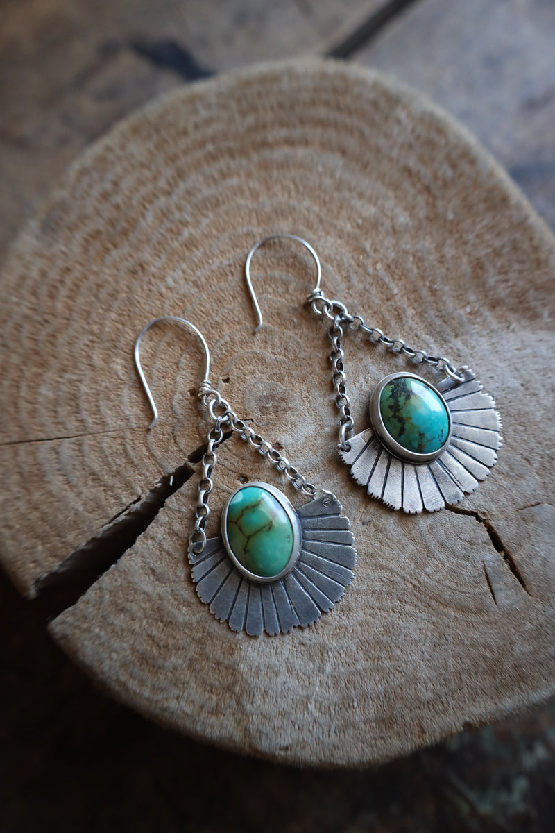 Pair of silver earrings with turquoise stones on a wooden surface