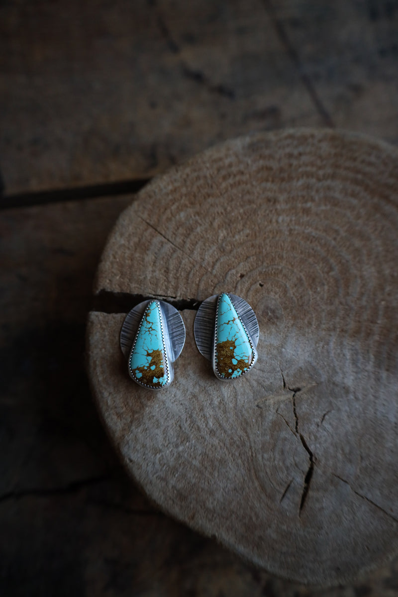 Turquoise stone earrings on a wooden surface