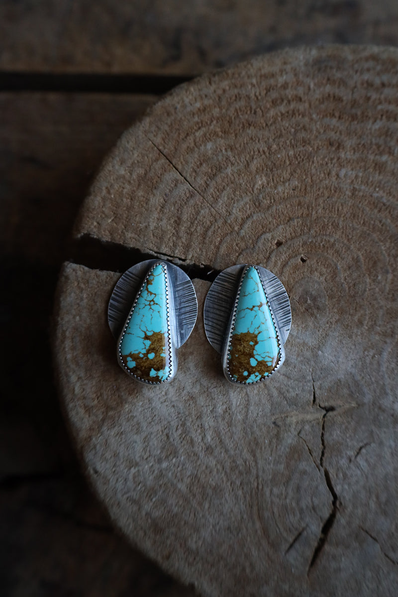 Turquoise stone earrings on a wooden surface