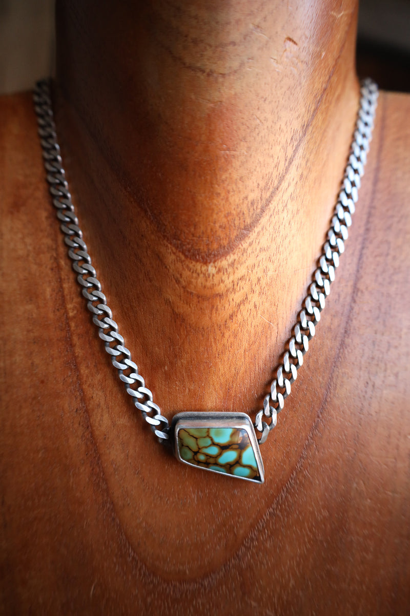 Necklace with a turquoise pendant on a person's neck