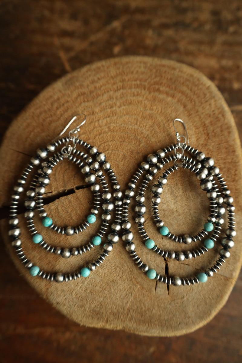 Triple Loops Navajo Pearls And Turquoise Beads Earring