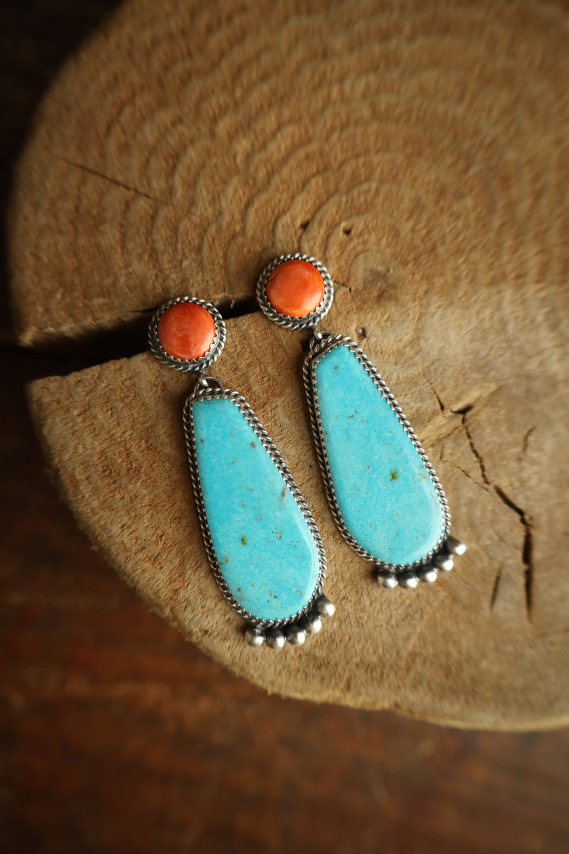 Spiny Oyster Round and Long Turquoise Post Earring