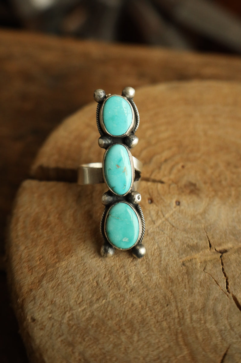 3 Turquoise Stack 8 Sterling Silver Dots Ring- Adjustable