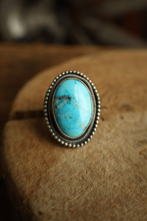 Turquoise Oval Sterling Silver Dots Ring- Adjustable